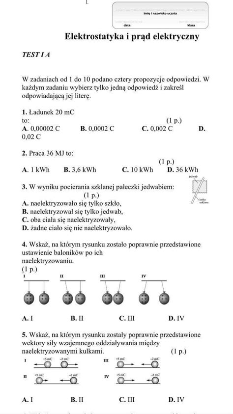 Test Z Działu Elektrostatyka Odpowiedzi Pdf Odpowiedzi) (Test 1) Elektrostatyka | PDF